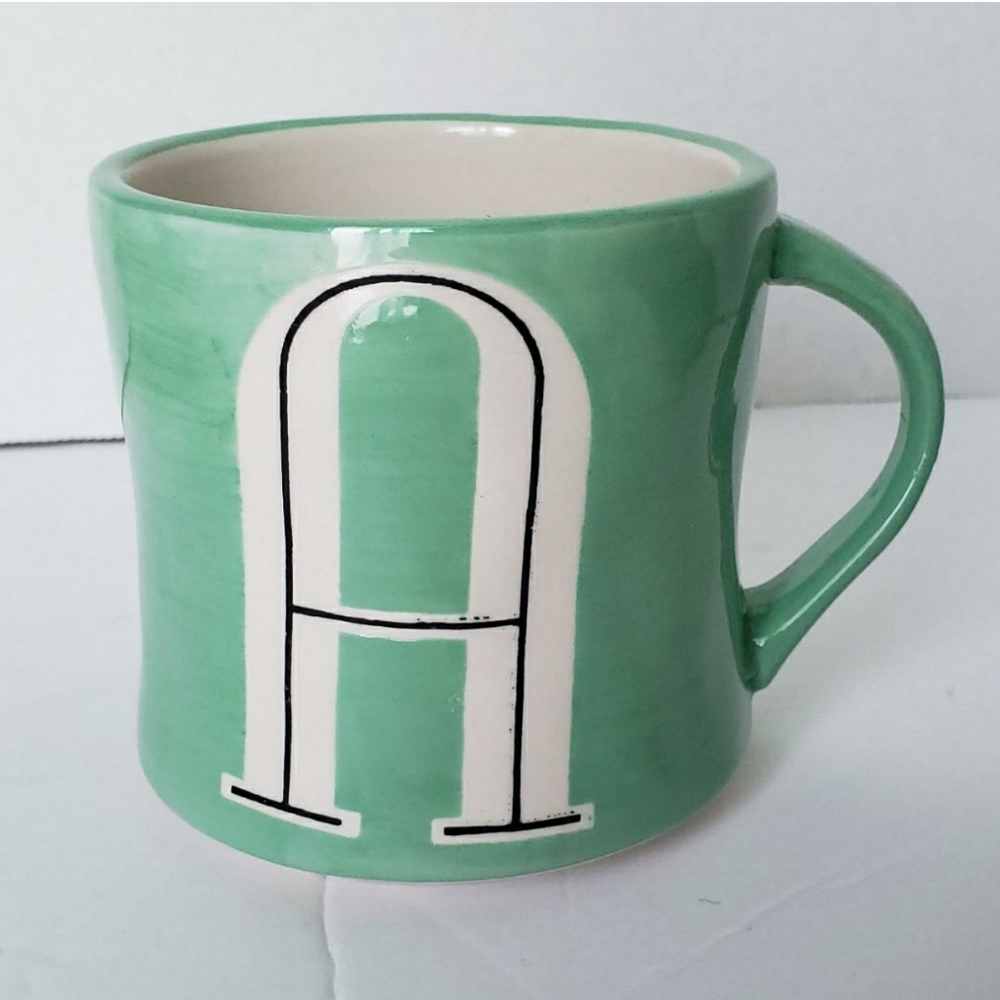 Anthropologie Green Letter A Monogram Ceramic Coffee/Tea Mug Hand Painted
